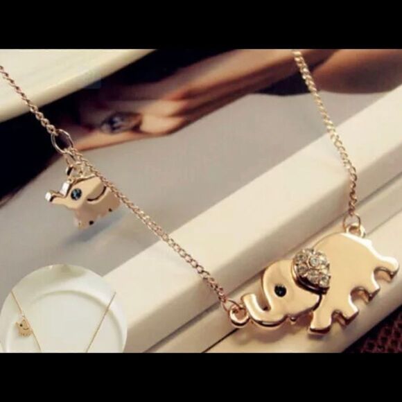 Mama and Baby Elephant Rhinestone Gold Necklace - Picture 2 of 6